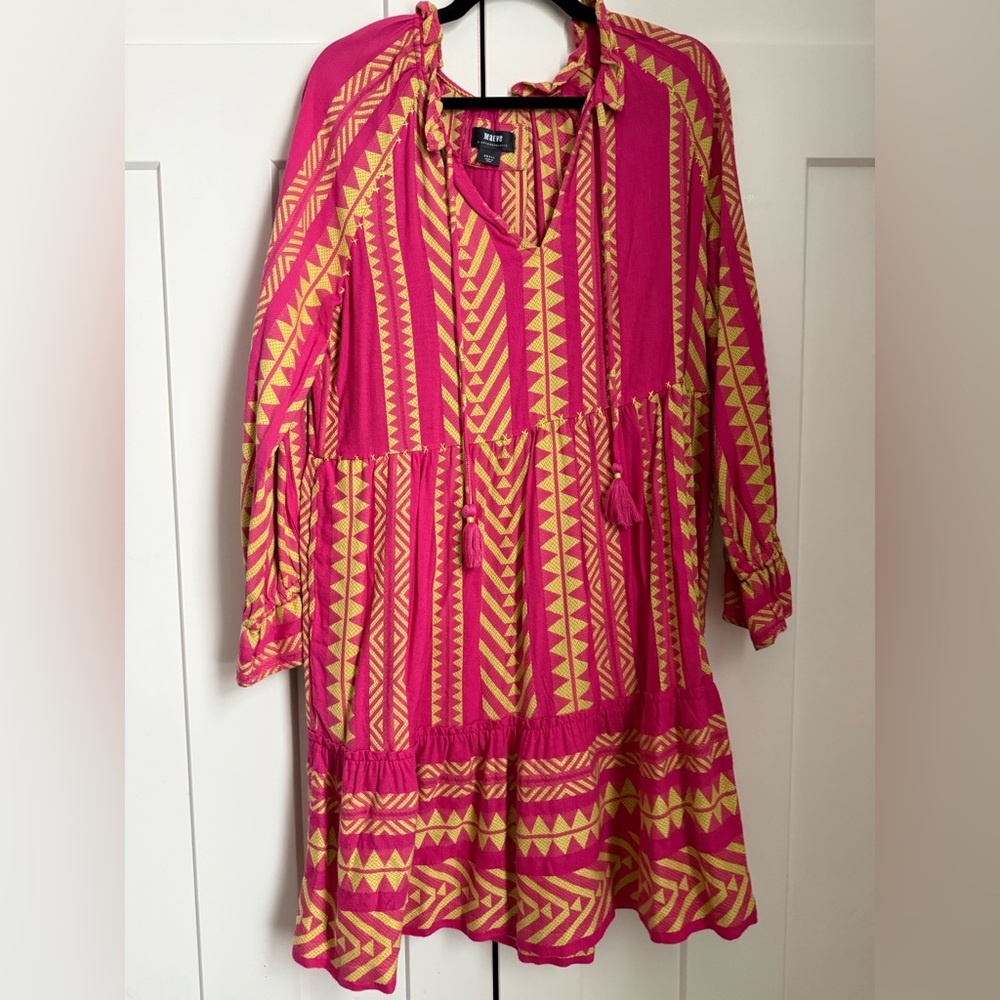 Maeve Anthropologie Dominique tunic dress in a pink and yellow geometric pattern - Picture 4 of 7